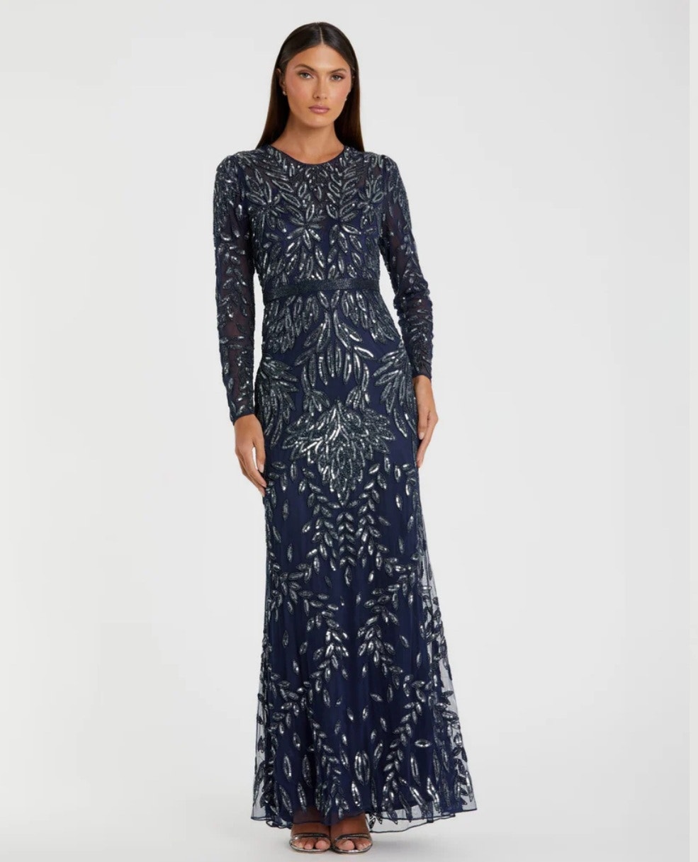 Mac Duggal Illusion Long Sleeve Beaded Embellished Gown Nwt 8 Style 6023 Gown